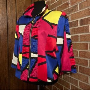 Vintage Mishca Women L Abstract Geometric Colorblock 90s Zip Front Jacket EUC